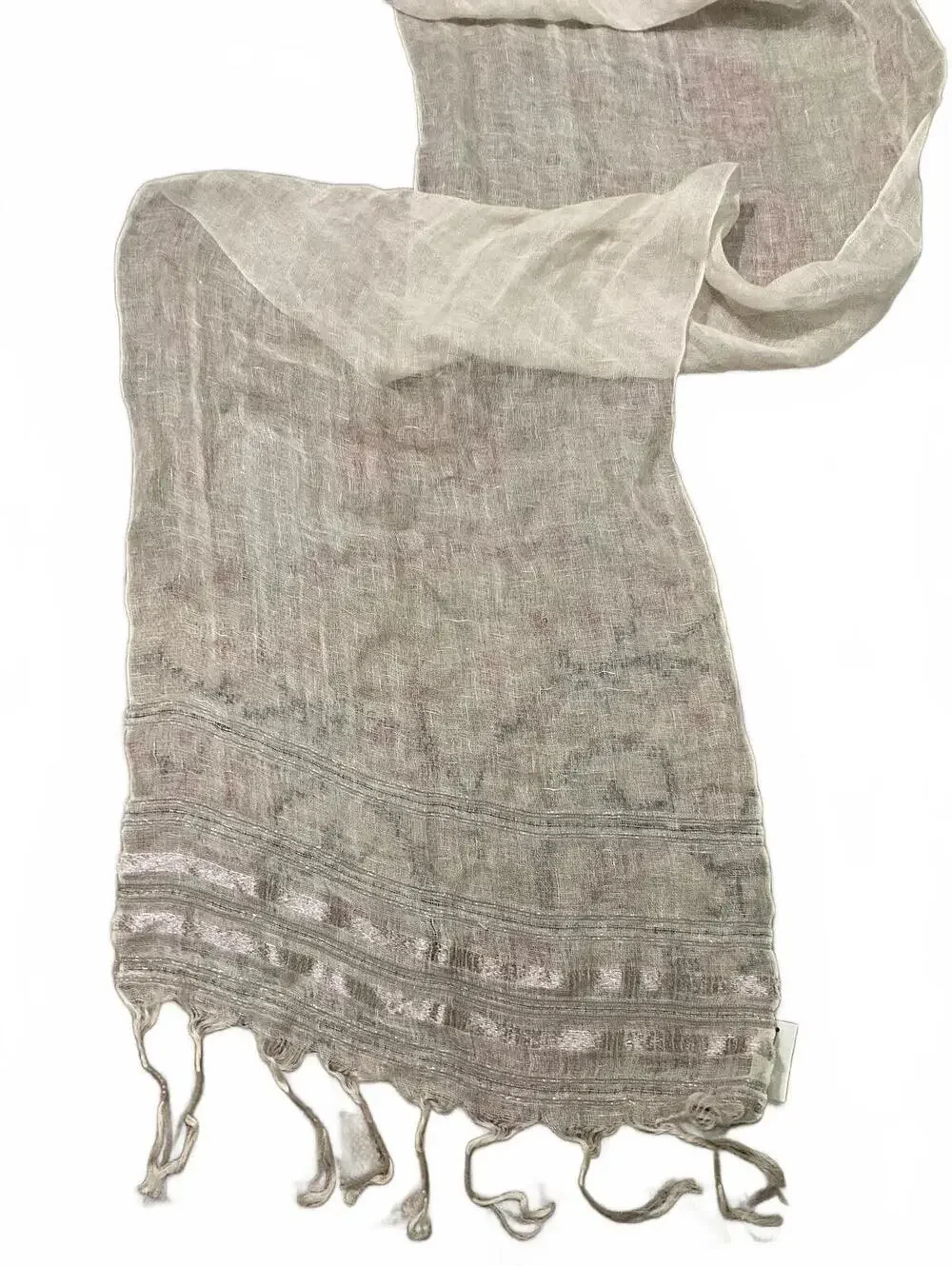 Talbots Lightweight  Linen Beige and Silver Metallic Striped Scarf with Fringe